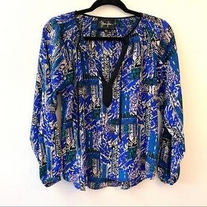 Yumi Kim silk smocked shoulder print long sleeve pullover blouse size XS